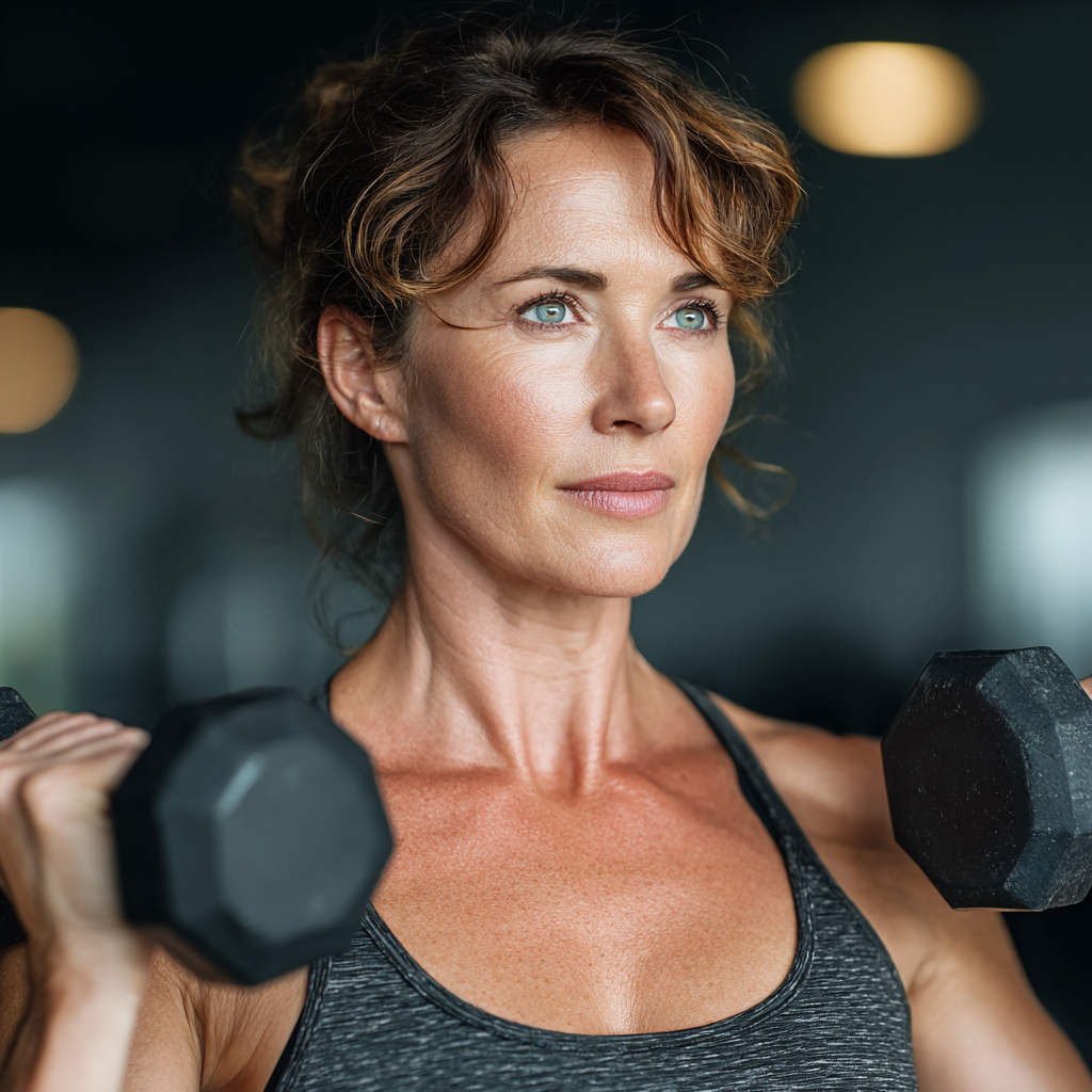 Confident middle-aged woman in athletic wear performing strength training with dumbbells in a modern gym setting, demonstrating proper form and technique