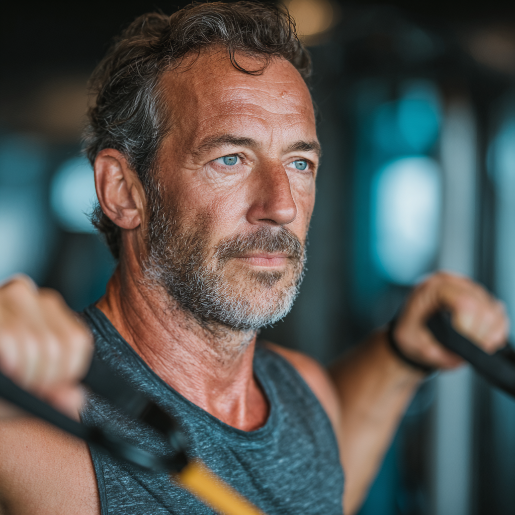 Mature man in his 50s in fitness attire performing functional training exercises with resistance bands in a well-equipped gym, showing concentration and proper form